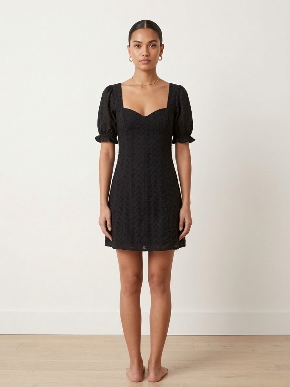 Lulus Eyelet Embroidered Puff Sleeve Sweetheart Mini Dress Square Back